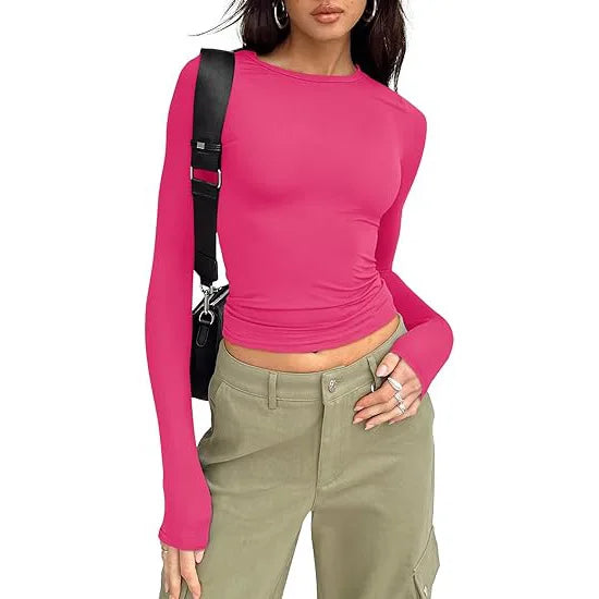 Camiseta Manga Larga Crop Top - Cuello Redondo Ajustada Streetwear Mujer