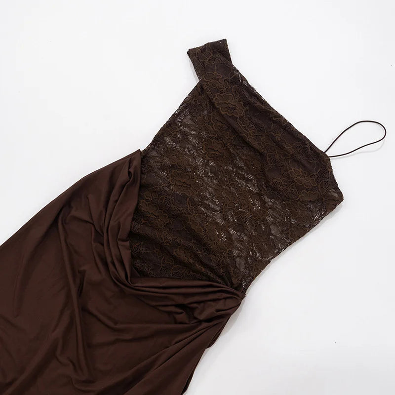 Vestido Maxi con Encaje Transparente - Un Hombro