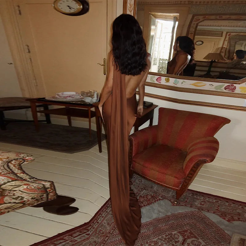 Vestido de Satén con Lazos - Cuello Halter y Espalda Descubierta