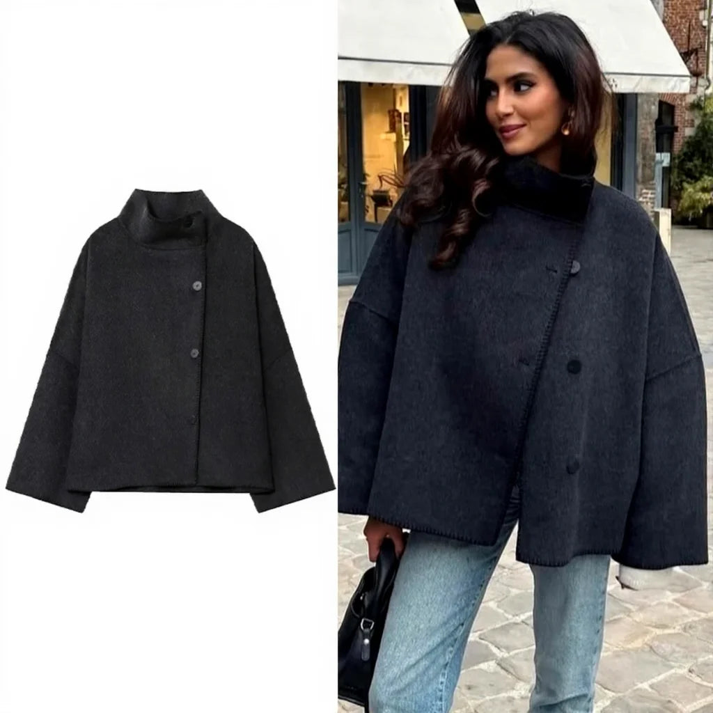 Women Faux Wool Jacket with Wide Shoulder Autumn Vintage High Neck Long Sleeve Button Lady Coats Causal Female Chic Tops
