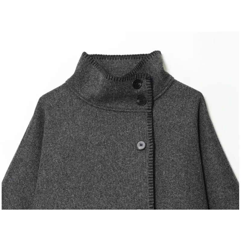 Women Faux Wool Jacket with Wide Shoulder Autumn Vintage High Neck Long Sleeve Button Lady Coats Causal Female Chic Tops