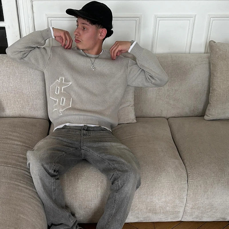 Suéter Y2K Gris con Patrón de Símbolos - Estilo Harajuku Hombre