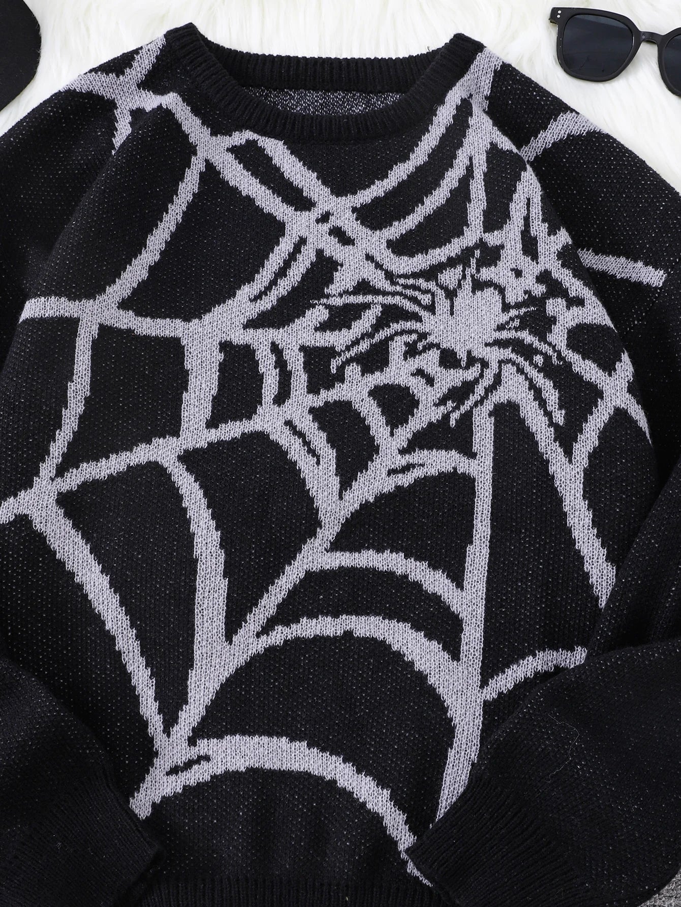 Suéter con Patrón Spider Web Jacquard - Cuello Redondo Hombre