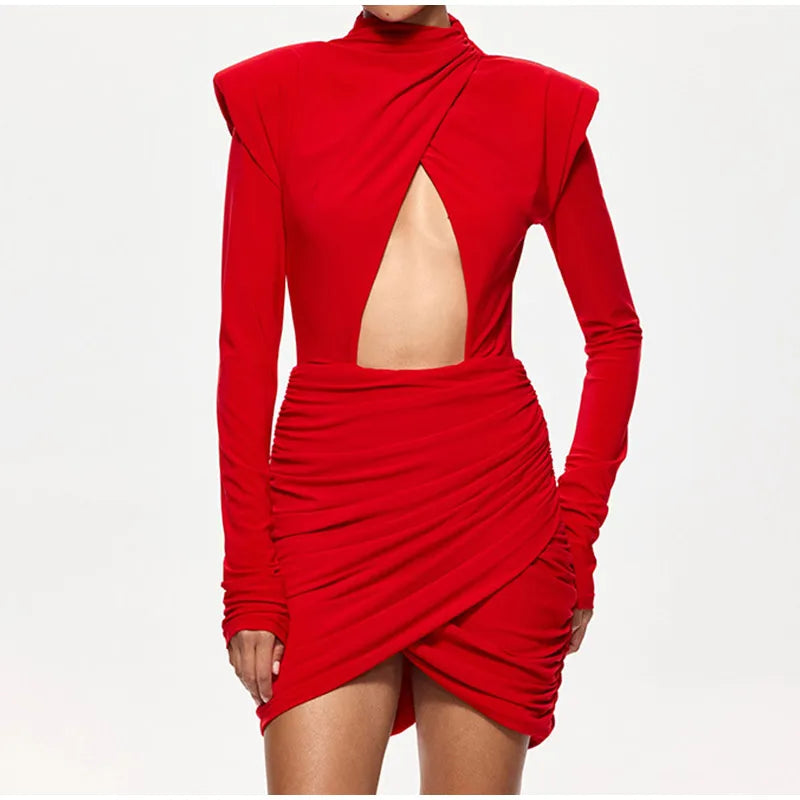 Vestido Mini Plisado con Hombreras - Cuello Medio y Manga Larga