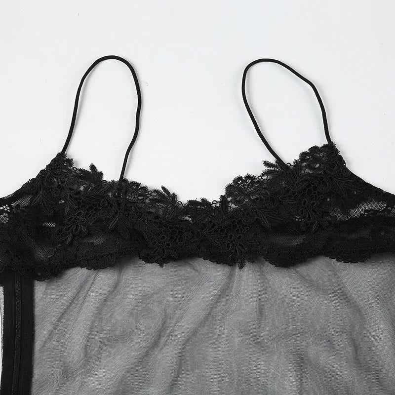 Vestido Mini Sexy con Encaje Transparente - Tirantes Finos