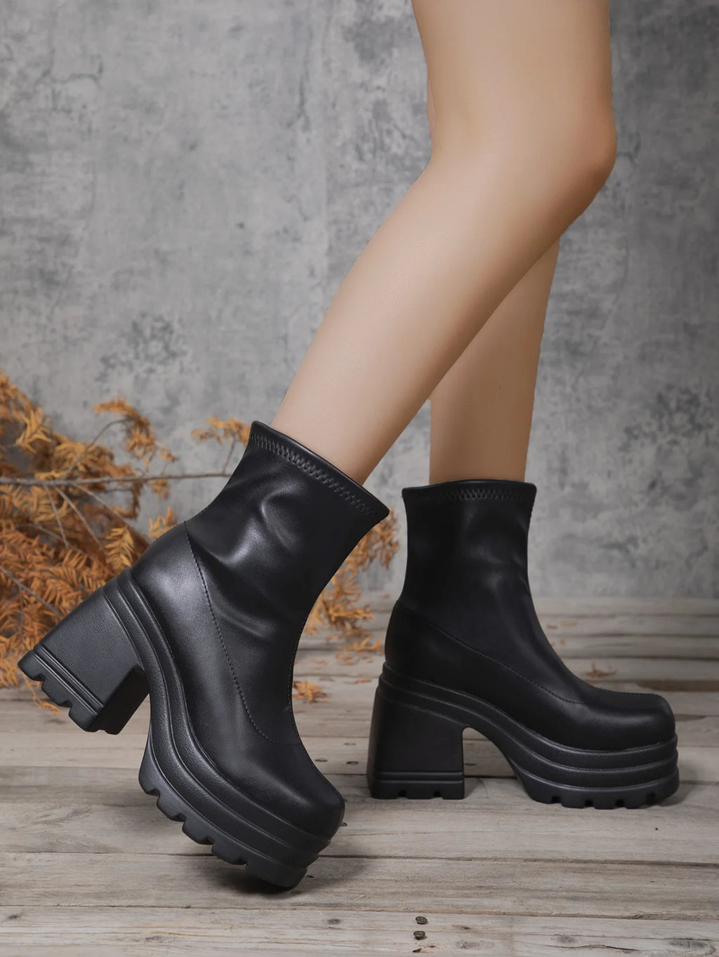 Botines Mujer Tacón Cuadrado Alto - Punta Cuadrada Cremallera Suela Gruesa