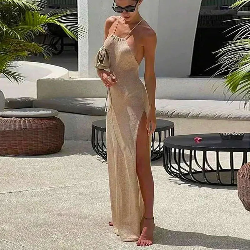 Vestido Cobertor de Playa Tejido - Cuello Halter con Abertura