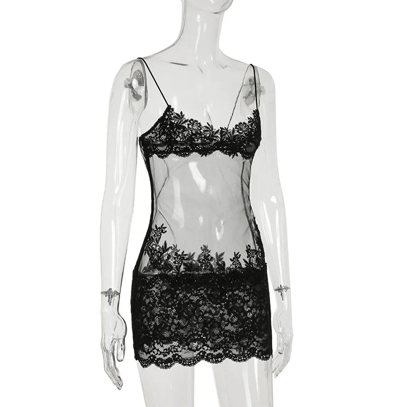 Vestido Mini Sexy con Encaje Transparente - Tirantes Finos