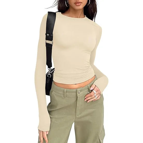 Camiseta Manga Larga Crop Top - Cuello Redondo Ajustada Streetwear Mujer