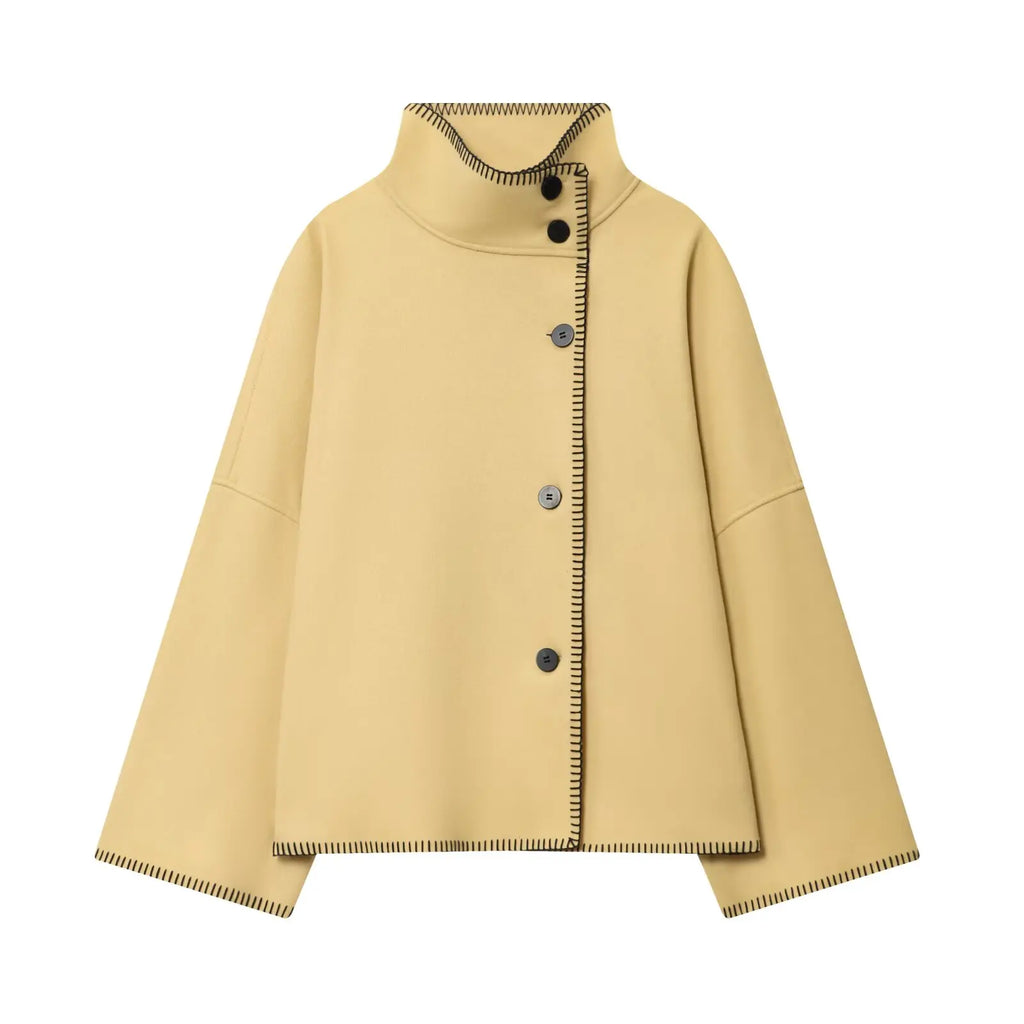 Women Faux Wool Jacket with Wide Shoulder Autumn Vintage High Neck Long Sleeve Button Lady Coats Causal Female Chic Tops