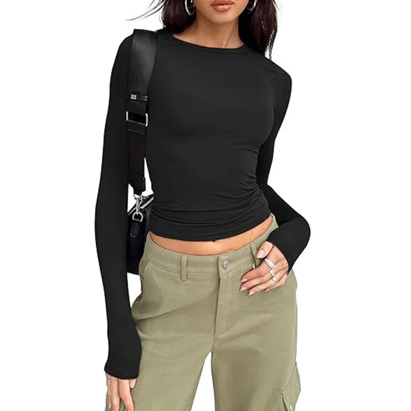 Camiseta Manga Larga Crop Top - Cuello Redondo Ajustada Streetwear Mujer