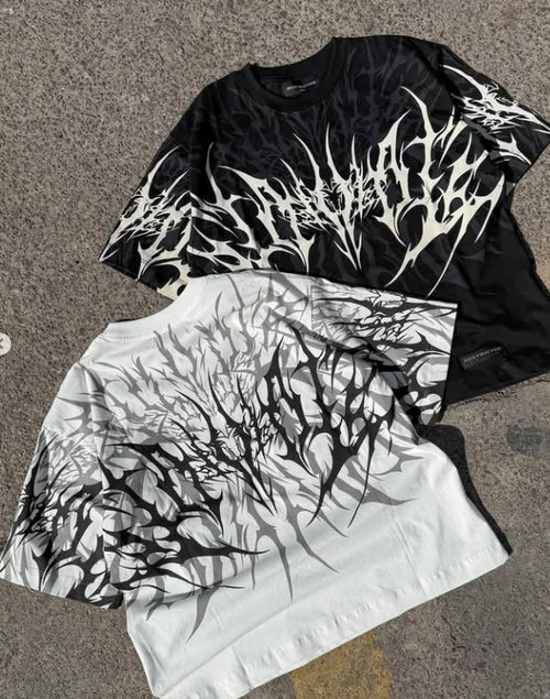 Camiseta Y2K Cyberpunk Gothic con Textura de Espinas - Algodón Puro Streetwear Hombre