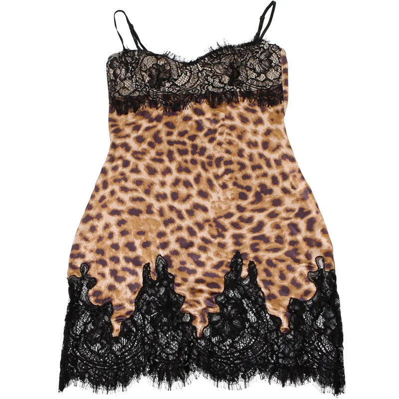 Vestido Mini con Estampado Leopardo y Encaje - Tirantes Finos