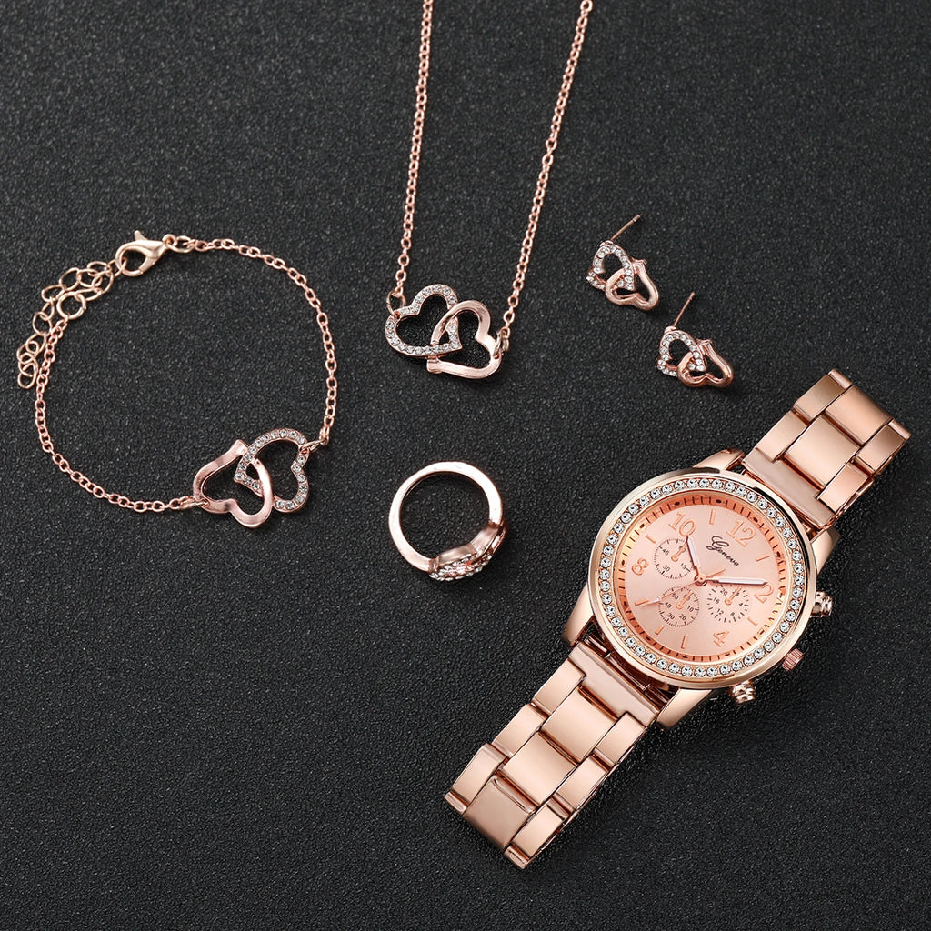 Set Reloj + Joyería 6 Piezas - Acero Inoxidable Rhinestone Corazón Mujer