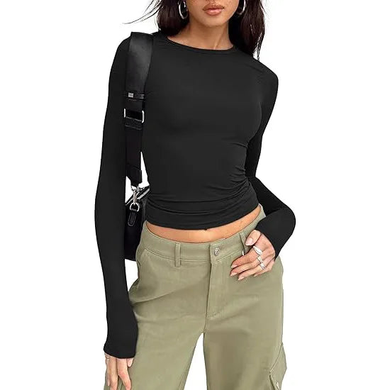 Camiseta Manga Larga Crop Top - Cuello Redondo Ajustada Streetwear Mujer
