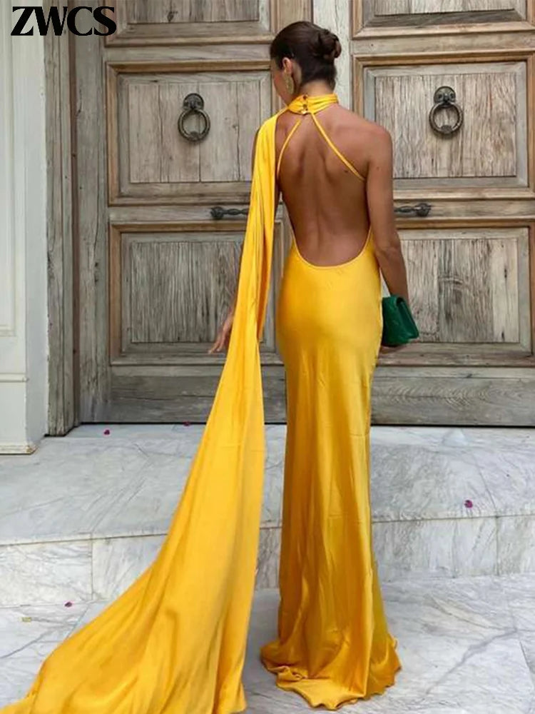 Vestido de Satén con Lazos - Cuello Halter y Espalda Descubierta