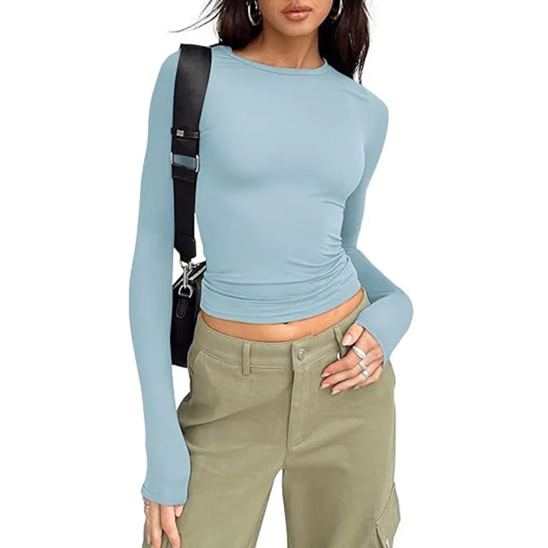 Camiseta Manga Larga Crop Top - Cuello Redondo Ajustada Streetwear Mujer