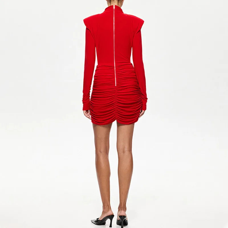 Vestido Mini Plisado con Hombreras - Cuello Medio y Manga Larga