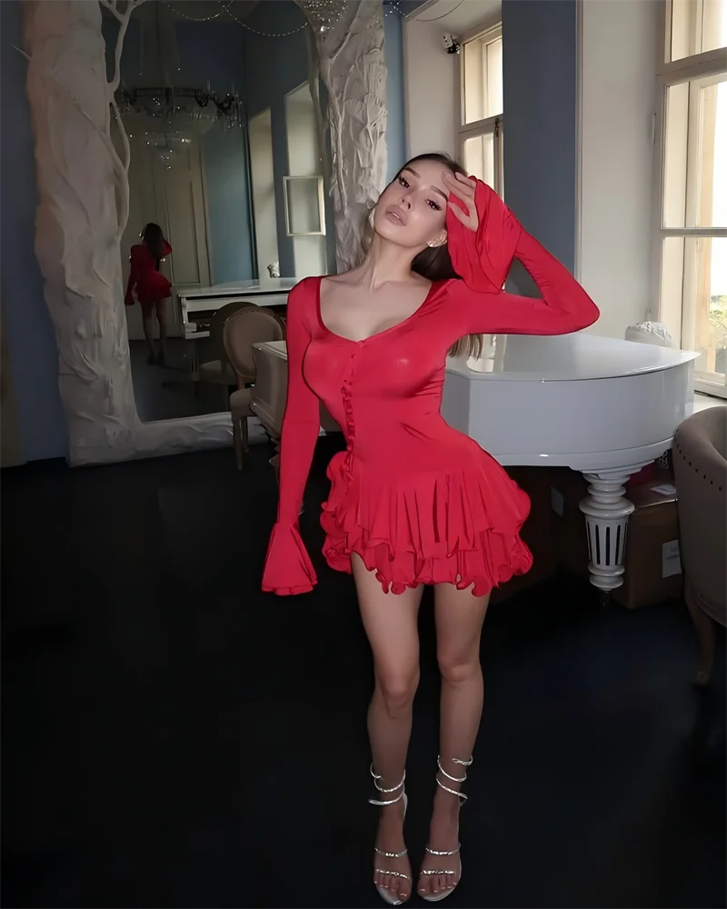 Vestido Mini Línea A con Volantes - Escote en V y Manga Larga