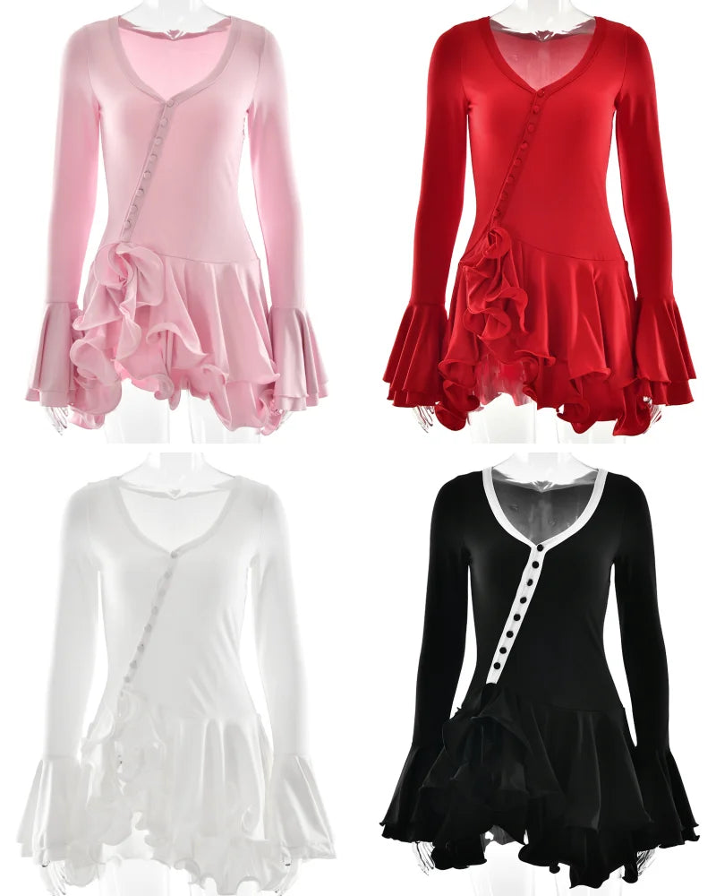 Vestido Mini Línea A con Volantes - Escote en V y Manga Larga