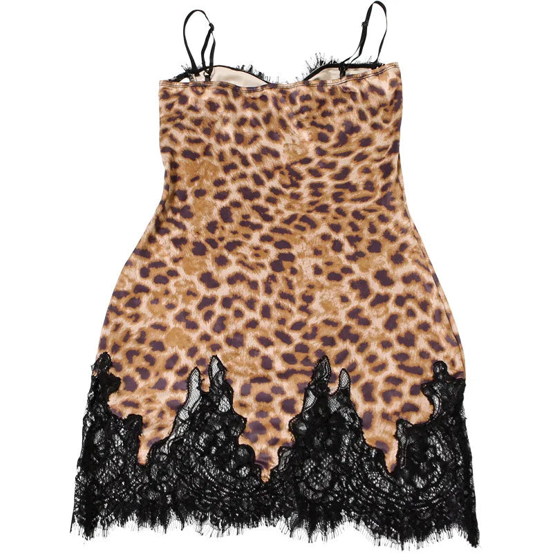 Vestido Mini con Estampado Leopardo y Encaje - Tirantes Finos