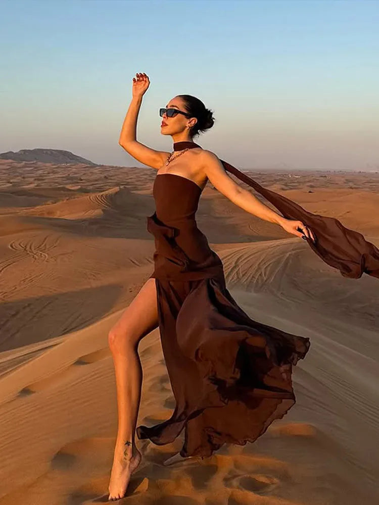 Vestido Largo de Playa con Malla - Sin Tirantes