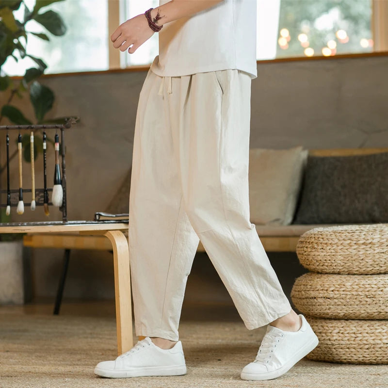 Pantalones Casuales de Algodón y Lino - Estilo Streetwear Hombre