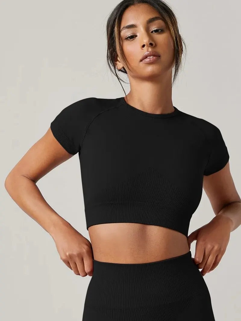 Top Yoga Sin Costuras Manga Corta - Fitness Gym Mujer