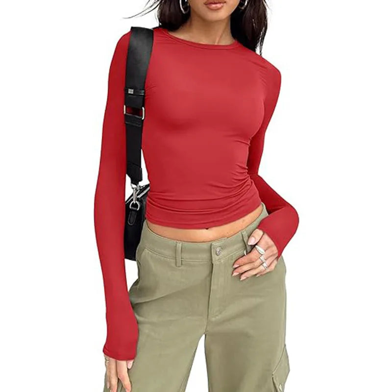 Camiseta Manga Larga Crop Top - Cuello Redondo Ajustada Streetwear Mujer