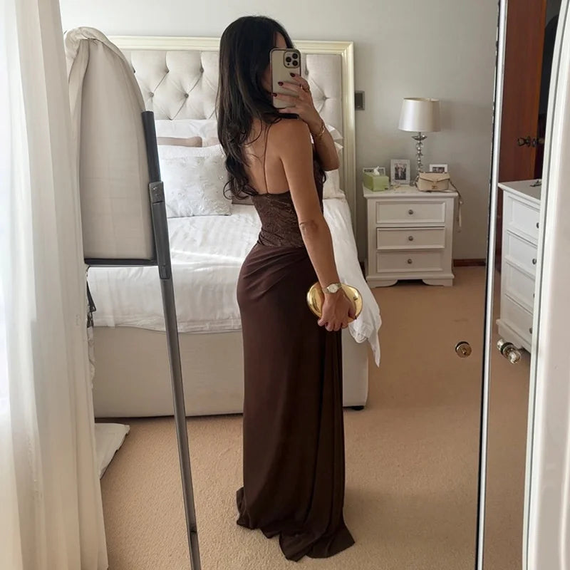 Vestido Maxi con Encaje Transparente - Un Hombro