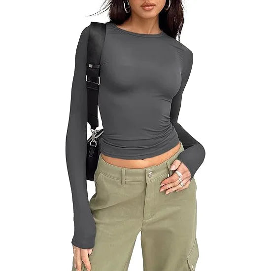 Camiseta Manga Larga Crop Top - Cuello Redondo Ajustada Streetwear Mujer
