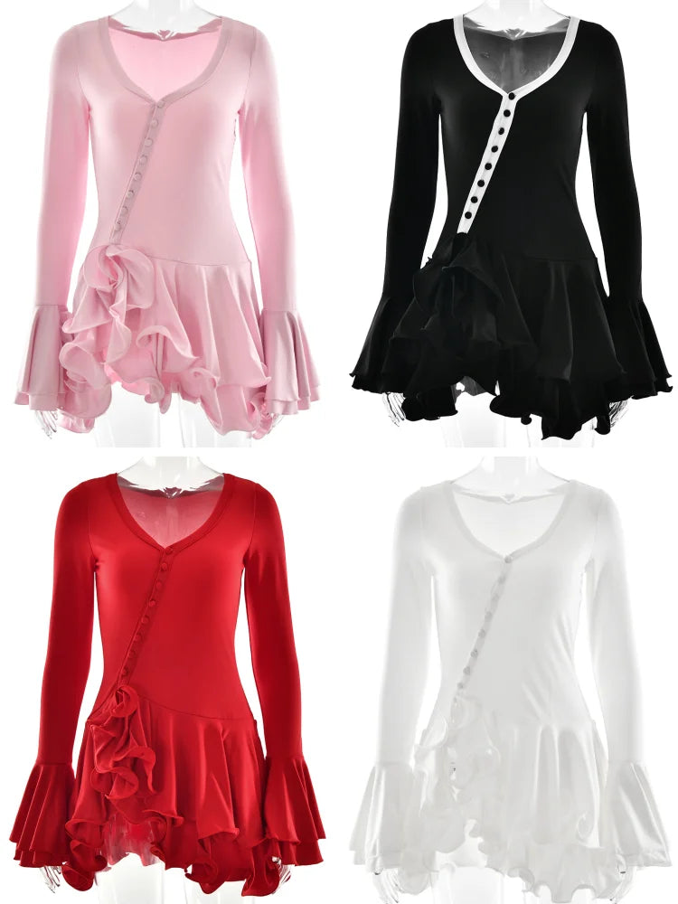 Vestido Mini Línea A con Volantes - Escote en V y Manga Larga