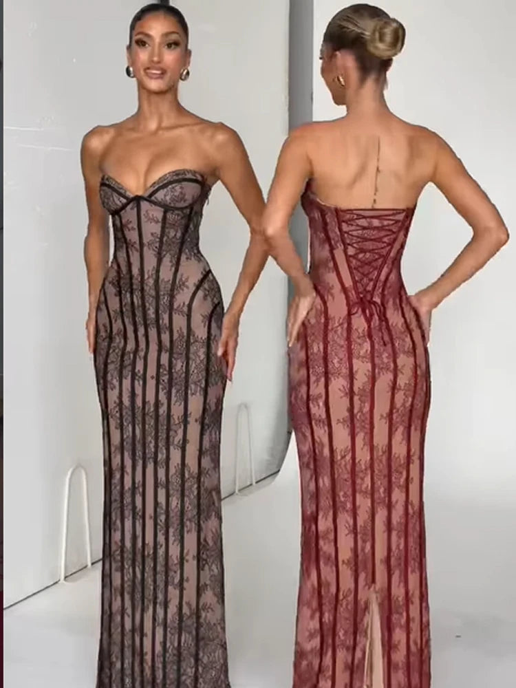 Vestido Maxi con Corsé de Gasa - Sin Tirantes