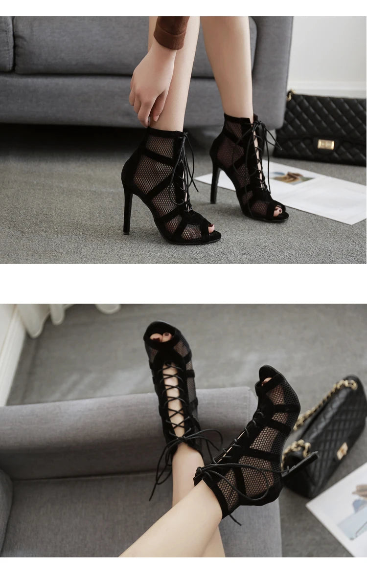 Sandalias Baile Cordones Cruzados - Tacón Fino Punta Abierta Sexy Mujer