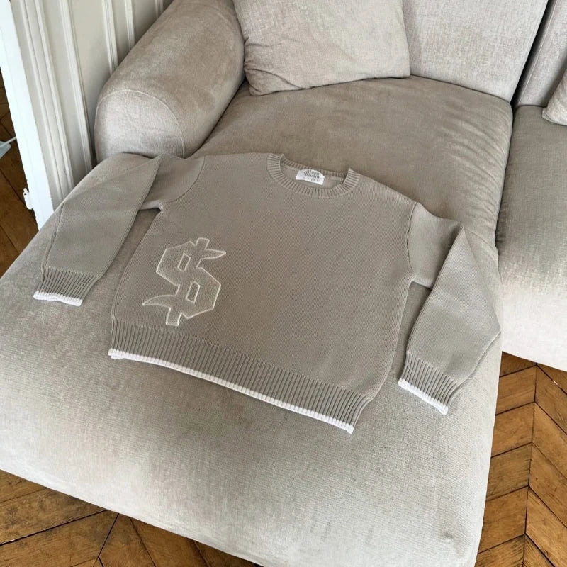 Suéter Y2K Gris con Patrón de Símbolos - Estilo Harajuku Hombre