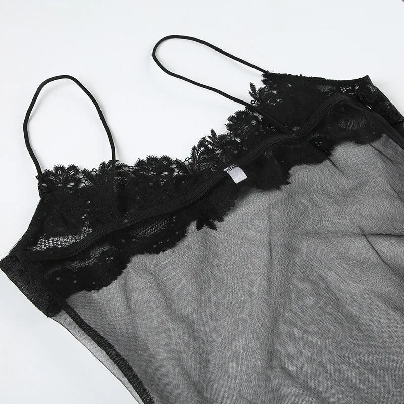 Vestido Mini Sexy con Encaje Transparente - Tirantes Finos