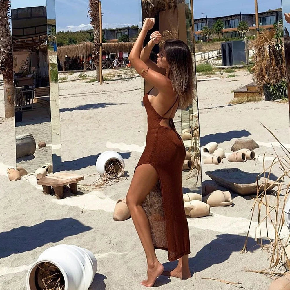 Vestido Cobertor de Playa Tejido - Cuello Halter con Abertura