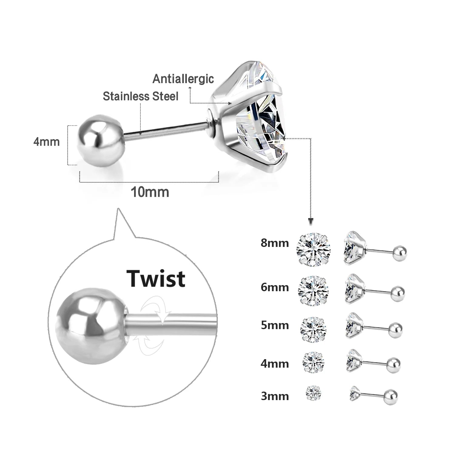 Pendientes Acero Inoxidable Cristal Zirconia - Stud Redondos Tragus Unisex