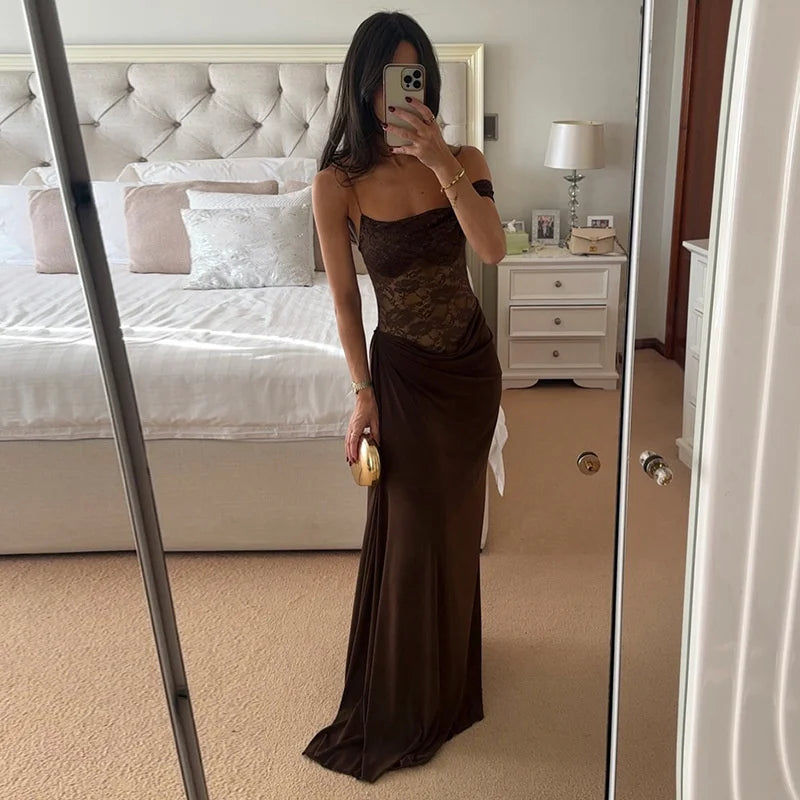 Vestido Maxi con Encaje Transparente - Un Hombro