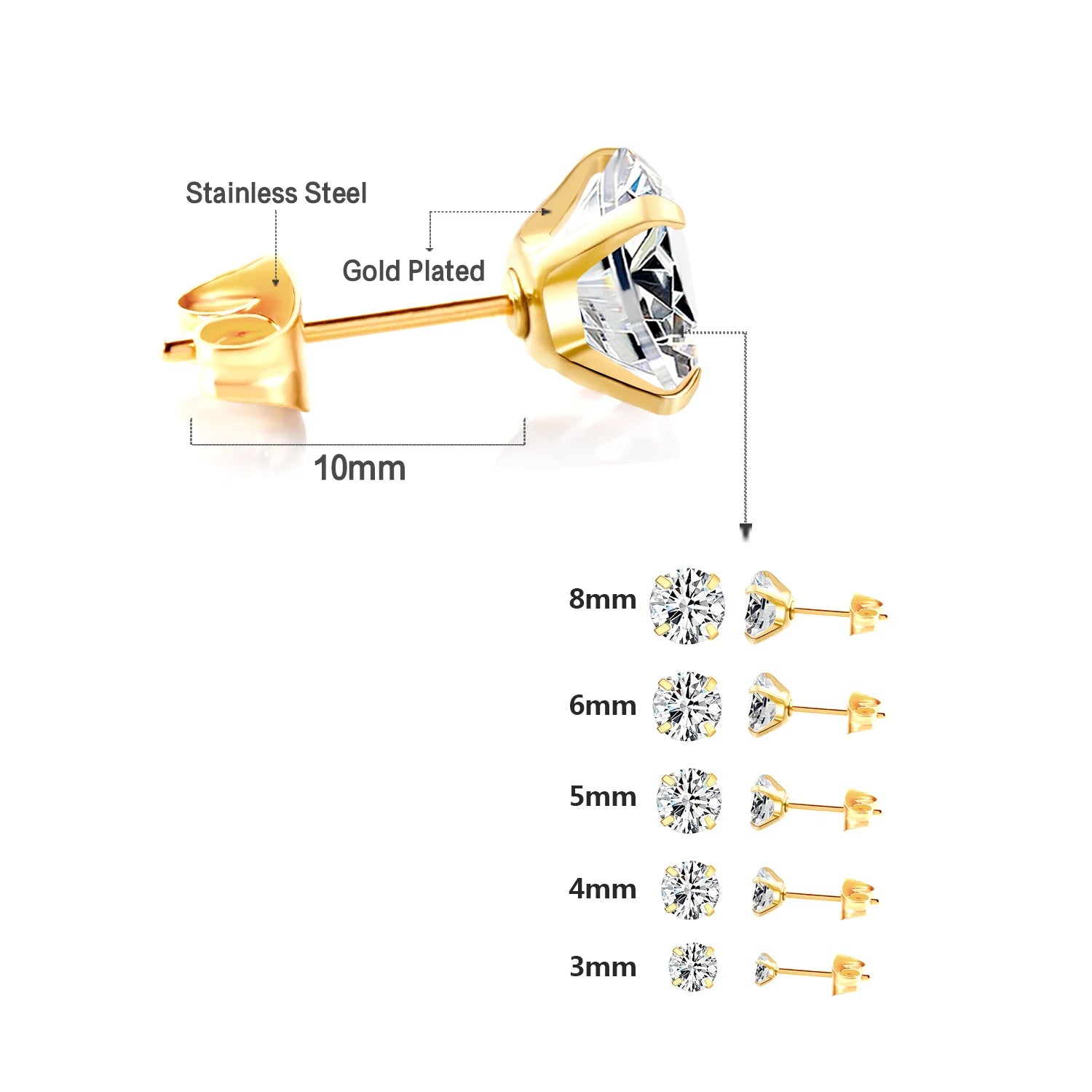 Pendientes Acero Inoxidable Cristal Zirconia - Stud Redondos Tragus Unisex