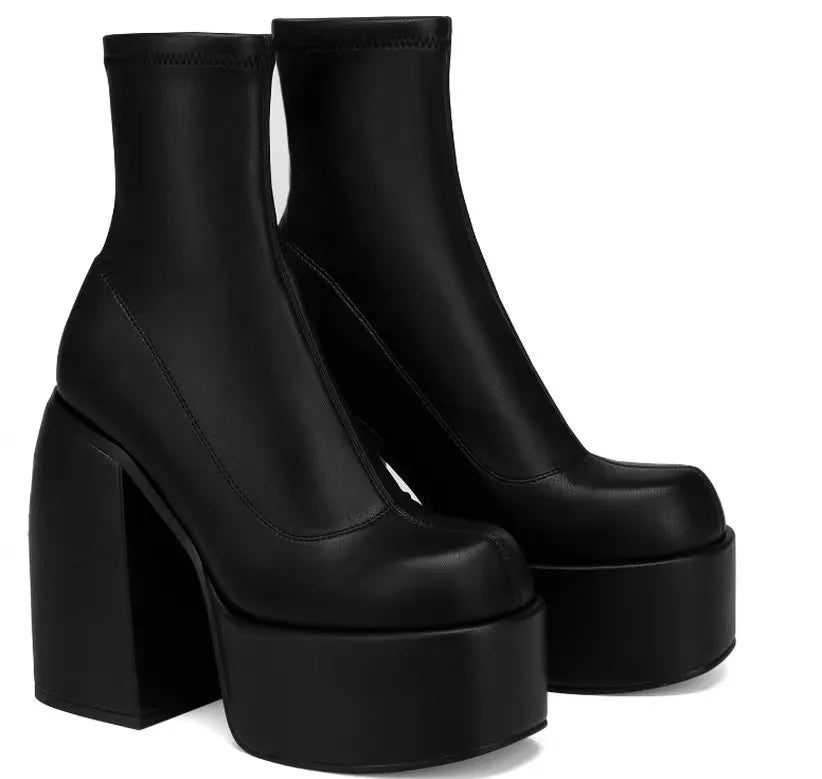 Botines Mujer Tacón Cuadrado Alto - Punta Cuadrada Cremallera Suela Gruesa
