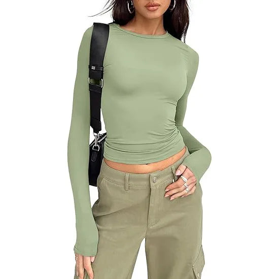 Camiseta Manga Larga Crop Top - Cuello Redondo Ajustada Streetwear Mujer