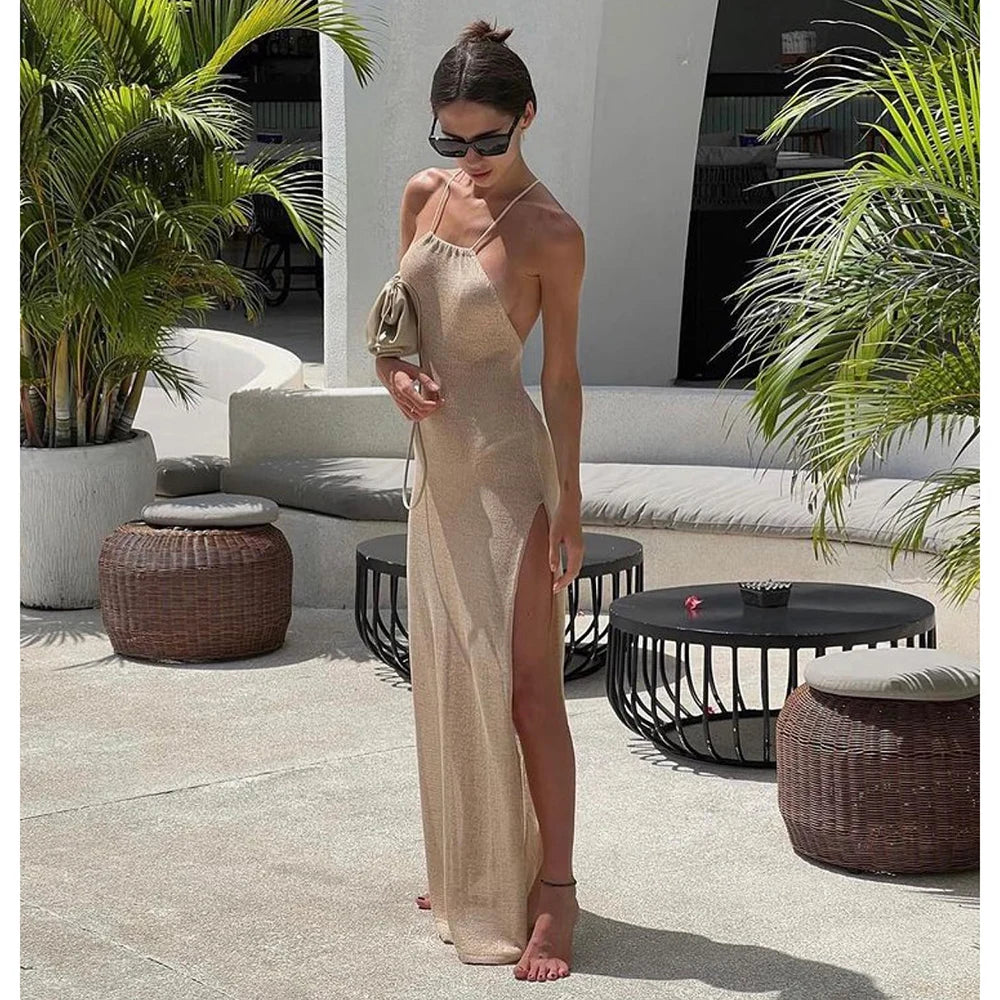 Vestido Cobertor de Playa Tejido - Cuello Halter con Abertura