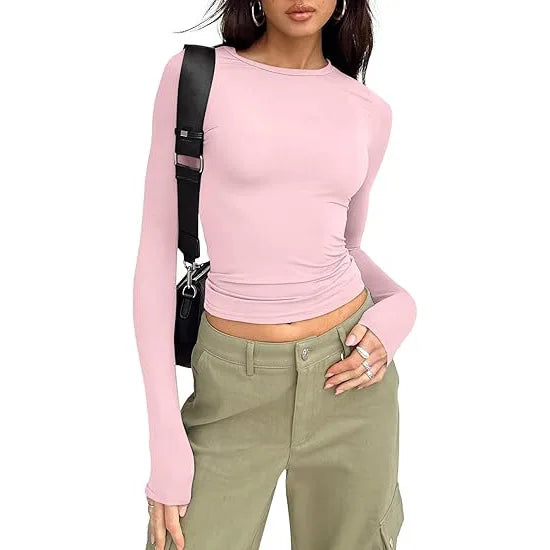 Camiseta Manga Larga Crop Top - Cuello Redondo Ajustada Streetwear Mujer