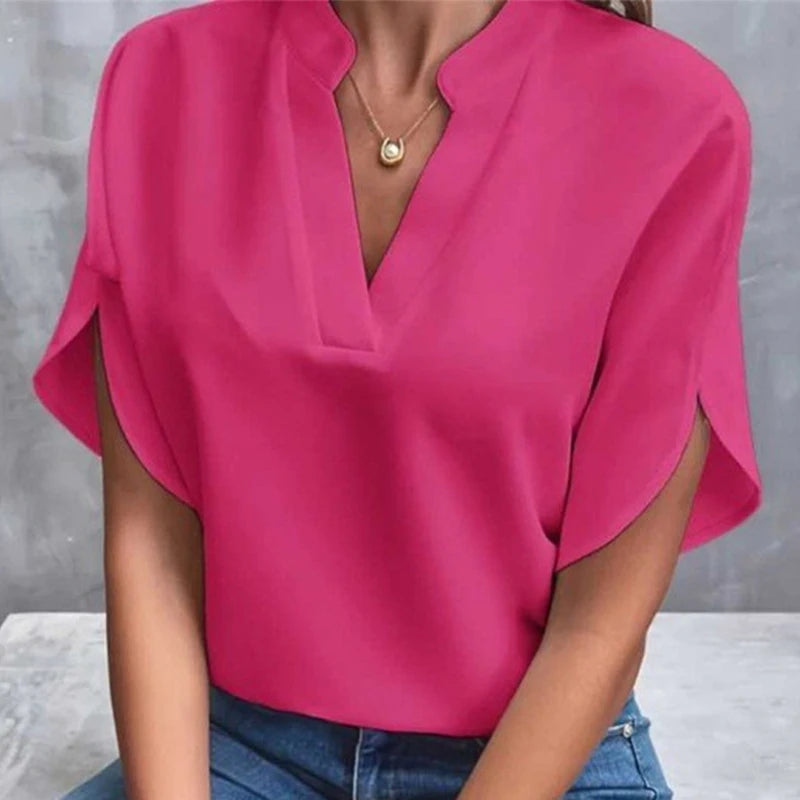 Camisa Verano Cuello V Manga Corta - Blusa Holgada Casual Mujer