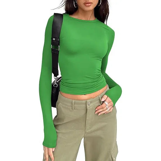 Camiseta Manga Larga Crop Top - Cuello Redondo Ajustada Streetwear Mujer