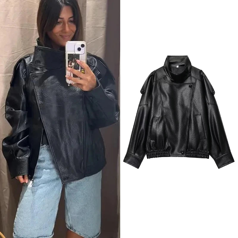 Chaqueta de Cuero Sintético Oversized - Estilo Streetwear Mujer