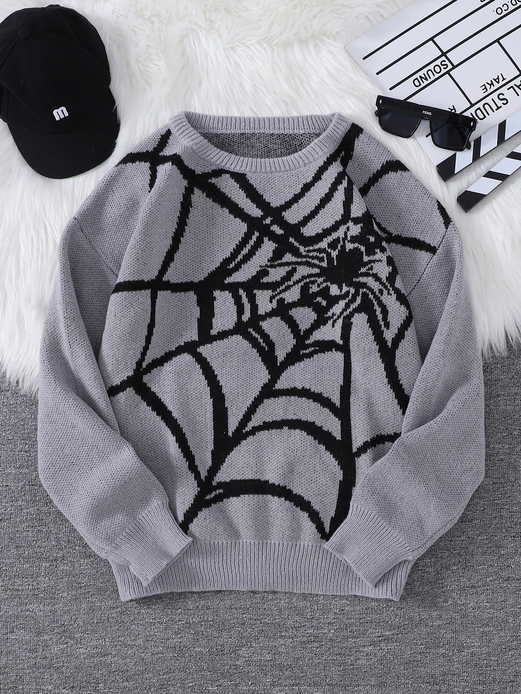 Suéter con Patrón Spider Web Jacquard - Cuello Redondo Hombre