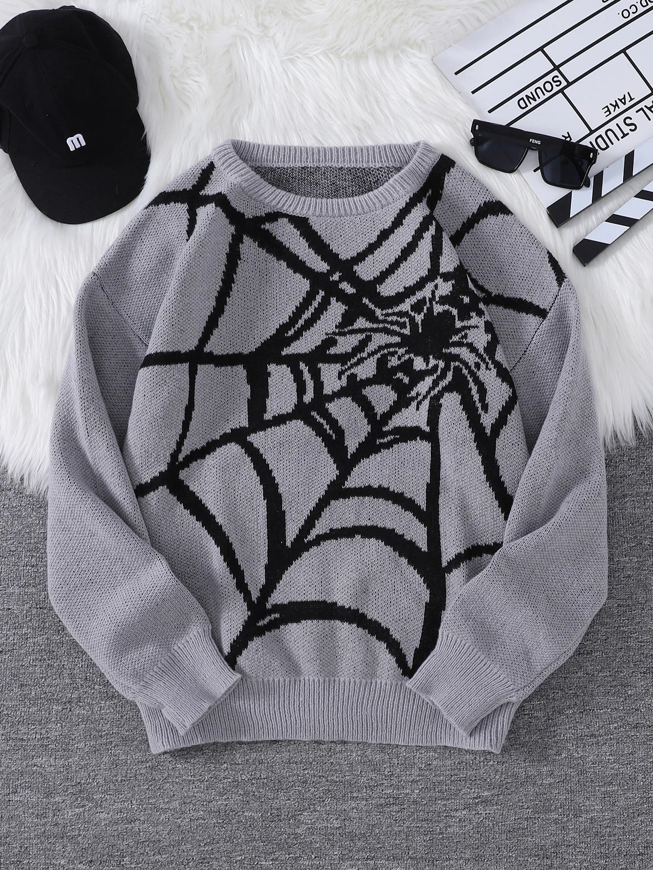 Suéter con Patrón Spider Web Jacquard - Cuello Redondo Hombre