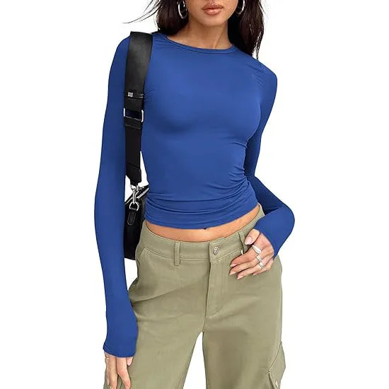 Camiseta Manga Larga Crop Top - Cuello Redondo Ajustada Streetwear Mujer